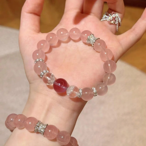 10mm Women's High Ice Pink Crystal Bracelet Peach Blossom Ball Pattern Bracelet Birthday Gift for Girlfriends